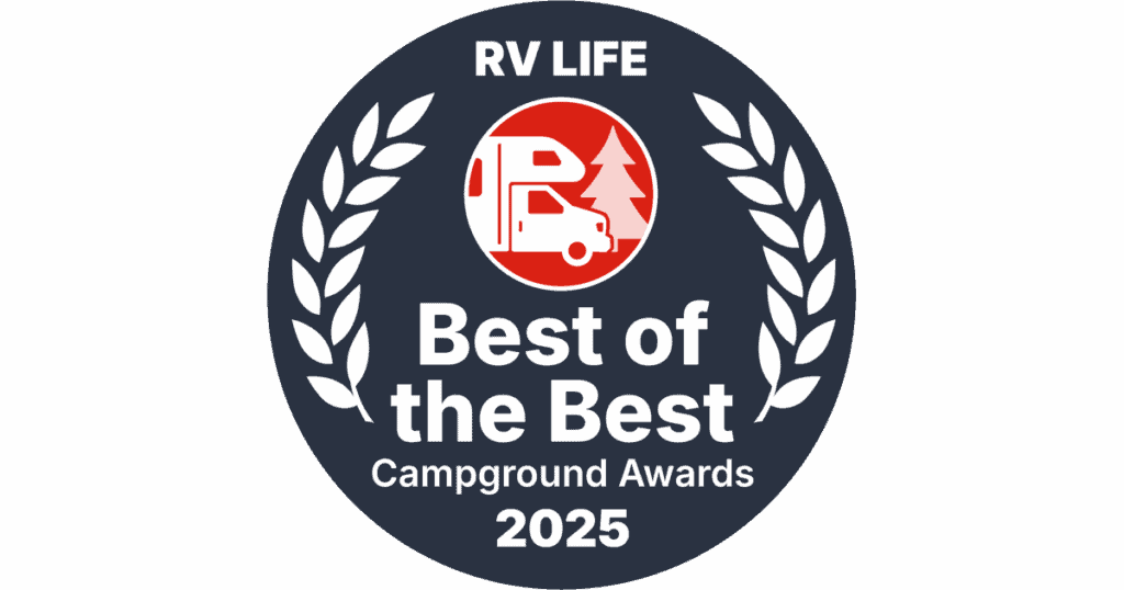 Award badge for 'Best of the Best' Campground Awards 2025 by RV Life featuring a mobile home icon and laurel decorations.