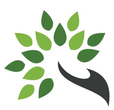 Logo featuring a stylized tree with green leaves and a black hand symbol, representing growth and nature.